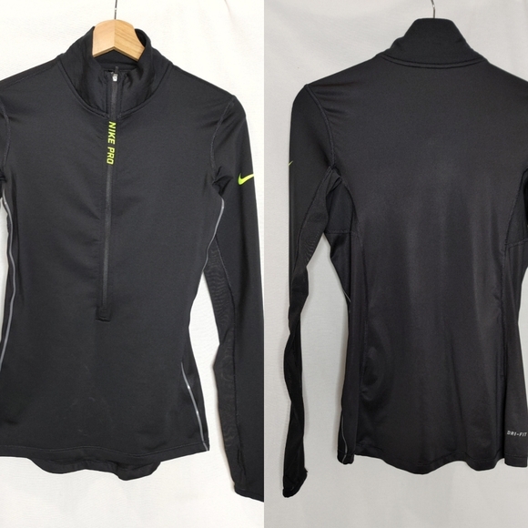Nike Pro Hyperwarm Half Zip Pullover Fleece Slim Fit Thumbholes Black‎ S 685969 - Picture 1 of 10